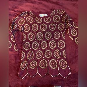 Small gold maroon Sweater designer XES-NY tunic lace adorned beaded excellent